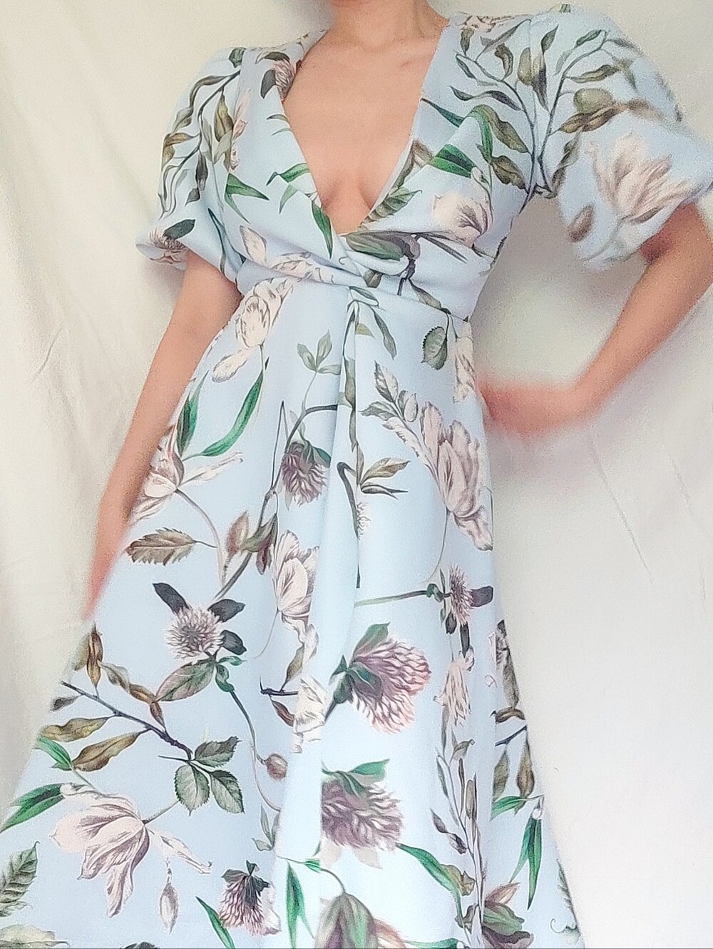 NWT ASOS Light Blue Floral Print Puffed Sleeves Plunging V Neckline A Line Dress